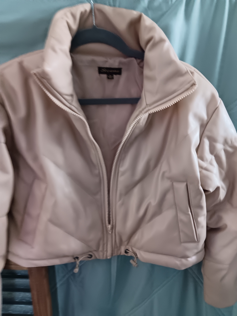 Light Khaki Color Puffer Jacket - Women's Cropped Coat